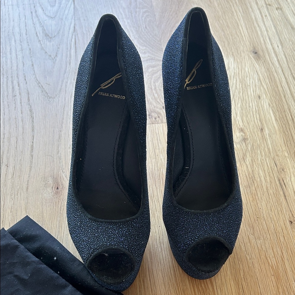 Brian Atwood Glitter Black Peep Toe Heels